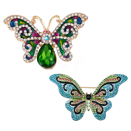 HOBBIESAY 2Pcs 2 Style Rhinestone Butterfly Brooch Pin JEWB-HY0001-16-1