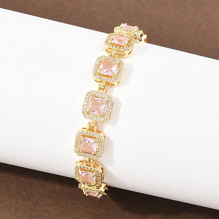 Square Brass Micro Pave Clear Cubic Zirconia and Glass Link Chain Bracelets BJEW-T025-04G-04-1