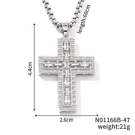 Brass Crystal Rhinestone Shiny Cross Pendant Box Chain Necklaces XO0635-2-1