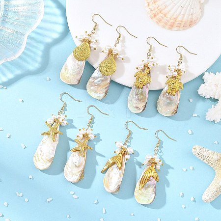 Ocean Shell Pearl & Electroplated Natural Freshwater Shell Dangle Earrings for Women EJEW-JE07400-1