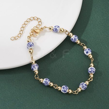 Round Flower Printed Porcelain Ceramic Beads Link Chain Bracelets for Women BJEW-JB12684-01-1