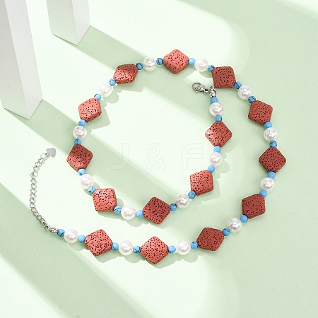 Dyed Natural Lava Rock & Round Synthetic Turquoise & Imitation Pearl Beaded Necklaces GG-CBA922D-07C-1
