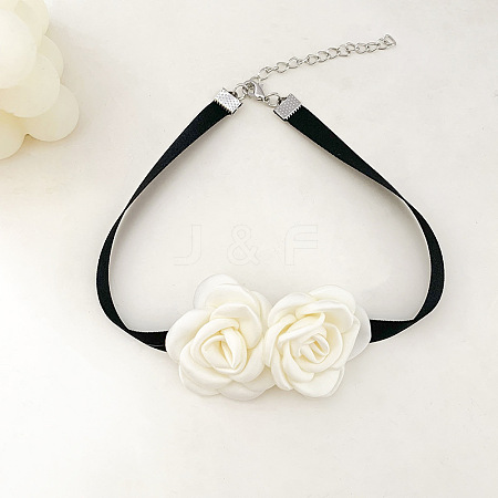 Double 3D Rose Polyester Band Choker Necklaces with Alloy End Chains FS-WG50A3E-02-1