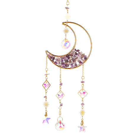1Pc Alloy & Natural Gemstone Chips Moon Hanging Ornaments HJEW-BBC0001-17C-1