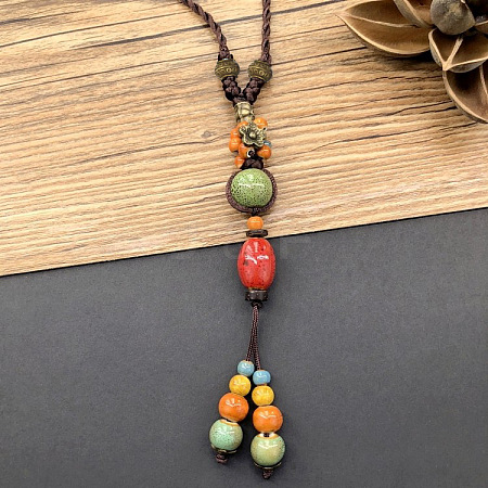 Ethnic Style Flower Alloy & Porcelain Tassel Pendant Long Necklaces for Women FS-WGC9E4C-02-1