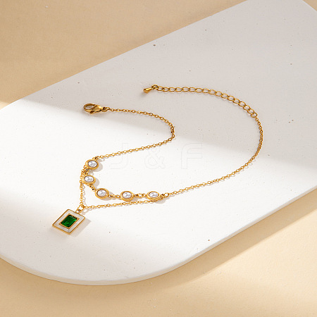 304 Stainless Steel Pave Green Cubic Zirconia and Plastic Pearl Charm Anklets FS-WG19F70-03-1