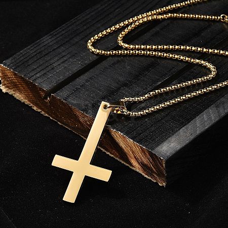 304 Stainless Steel Upside Down Cross Pendant Box Chain Necklaces NJEW-NH0001-07G-1