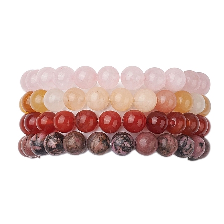4Pcs Constellation 8mm Round Natural Rhodonite & Rose Quartz & Dyed Jade & Carnelian Beaded Stretch Bracelets for Women BJEW-JB10642-1
