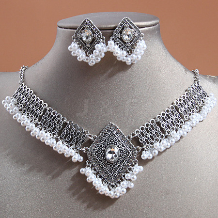 Rhombus Alloy Rhinestone Choker Necklace & Earrings Sets for Women FS-WGAB840-05-1