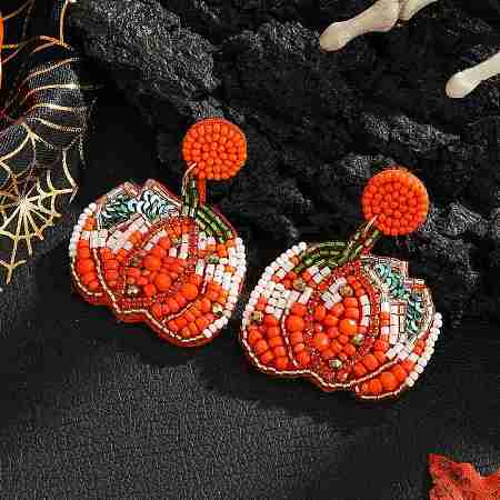 Pumpkin Pattern Glass Bead Handmade Stud Earrings for Halloween KL7370-1