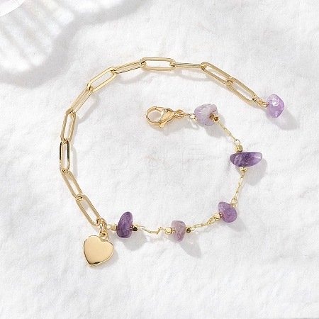Natural Amethyst Chip Bead & Brass Paperclip Chains Bracelets BJEW-JB12715-01-1