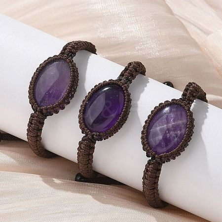 Adjustable Oval Natural Amethyst Braided Bead Bracelets BJEW-H626-02-15-1