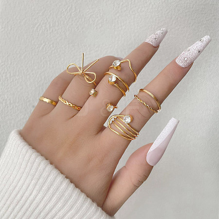 8Pcs Brass Rhinestone Finger Cuff Rings Set RJEW-P157-01G-1
