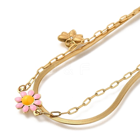 Ion Plating(IP) 304 Stainless Steel Enamel Double Layer Flower & Bees Pendant Necklaces for Women NJEW-F328-19G-02-1