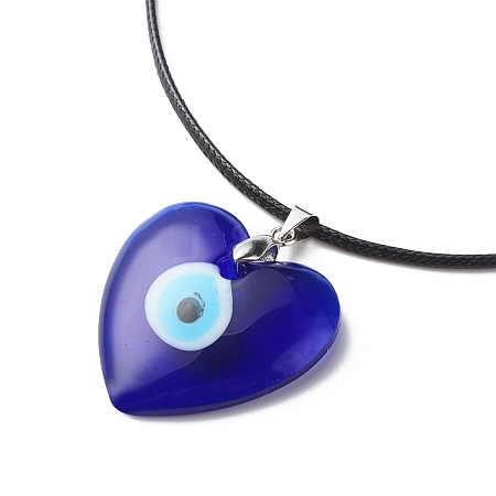 Blue Lampwork Evil Eye Pendant Necklace with Waxed Cord for Women NJEW-JN03955-03-1