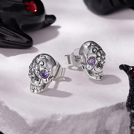 Halloween 925 Sterling Silver Cubic Zirconia Stud Earrings EJEW-P327-01C-AS-1