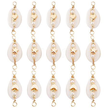 15Pcs 3 Styles Natural Cowrie Shell & Shell Pearl Links PALLOY-GO00045-1