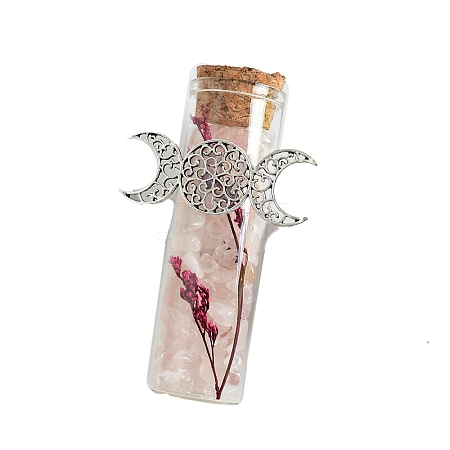 Natural Rose Quartz Chip Healing Crystals Wishing Bottles with Alloy Triple Moon Decor PW-WGD8D42-05-1