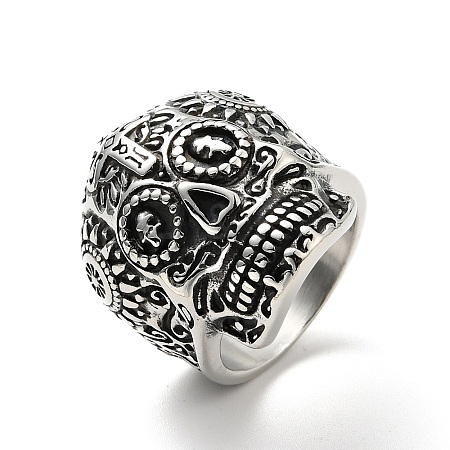 316 Stainless Steel Skull with Cross Finger Ring RJEW-C030-02C-AS-1