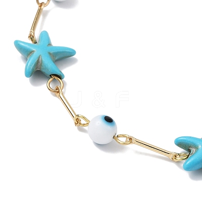 3Pcs 3 Color Glass Evil Eye & Synthetic Turquoise Starfish Link Chain Bracelets Set BJEW-TA00428-1