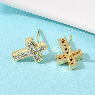 Brass Micro Pave Clear Cubic Zirconia Cross Stud Earrings EJEW-F400-22B-G-1