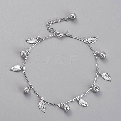 Brass Textured Leaf Charm Anklets AJEW-B005-07P-1