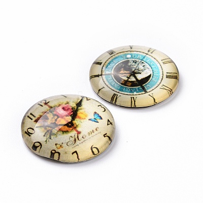 Clock Printed Glass Cabochons GGLA-A002-20mm-YY-1
