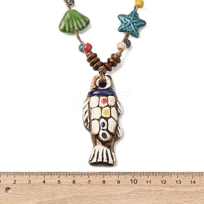 Ceramic Fish Pendant Adjustable Waxed Cord Necklaces for Women NJEW-B146-05-1