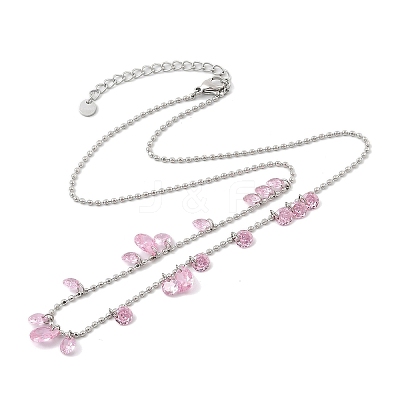 304 Stainless Steel Cubic Zirconia Teardrop & Flat Round Bib Ball Chain Necklaces for Women NJEW-F328-11P-08-1