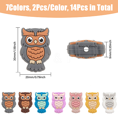 14Pcs 7 Colors Owl Food Grade Eco-Friendly Silicone Focal Beads SIL-CA0003-09-1