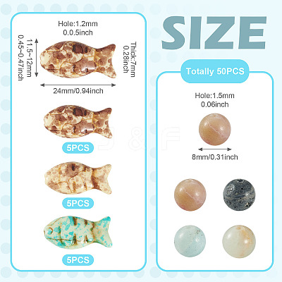 50Pcs Round Natural Flower Amazonite and 15Pcs 3 Colors Fish Dyed Synthetic Turquoise Beads Sets G-TA0003-04-1