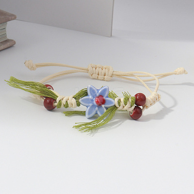 Adjustable Handmade Porcelain Flower Polyester Cord Braided Bead Bracelets for Women WG32CA4-02-1
