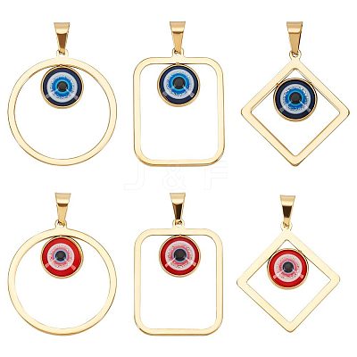 6Pcs 6 Styles PVD Vacuum Plating Evil Eye 304 Stainless Steel Resin Pendants STAS-UN0042-19-1