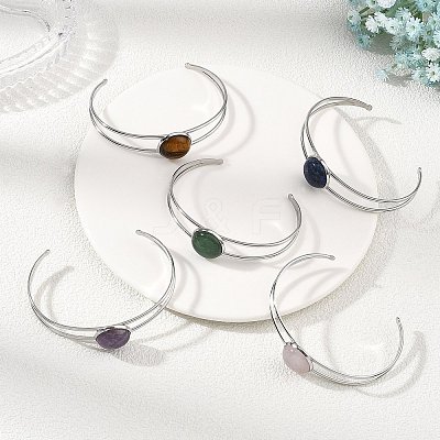 Non-Tarnish 304 Stainless Steel & Natural Gemstone Cuff Bracelets for Women BJEW-JB14123-01-1