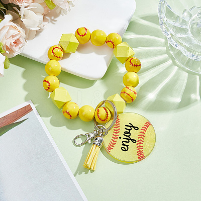 1Pc Printed Acrylic & Faux Suede Tassel Pendant & Wood Bead Keychains HJEW-SP0001-86B-1