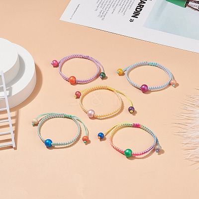 5Pcs 5Pcs Natural Wood Round Braided Bead Bracelets Set BJEW-JB08807-1