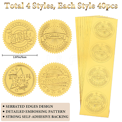 40 Sheets 4 Styles Plastic Self Adhesive Gold Foil Embossed Stickers DIY-CP0010-46-1
