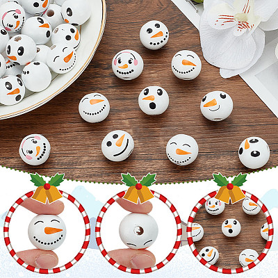 60Pcs 6 Styles Round Christmas Snowman Print Wood European Beads WOOD-PH0003-05-1