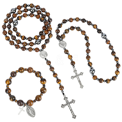 3Pcs Synthetic Hematite & Natural Tiger Eye Bracelets & Necklaces Sets SJEW-UN00006-1