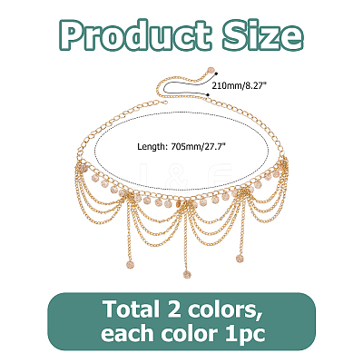 2Pcs 2 Colors Bohemian Alloy Multi-layered Chain Tassel Waist Belly Chains for Women AJEW-HS0001-52-1