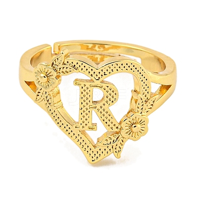 Heart with Letter & Flower Rack Plating Brass Adjustable Rings for Women RJEW-I105-05G-R-1