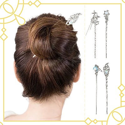 4Pcs 4 Styles Tibetan Style Alloy Resin Hair Sticks OHAR-SC0001-14-1