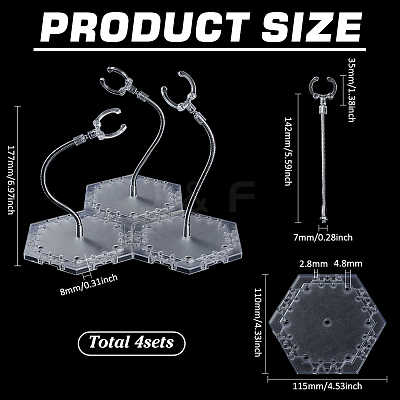Assembled Hexagon Plastic Action Figure Display Stands with Adjustable Alloy Support Arm ODIS-WH0080-11B-1