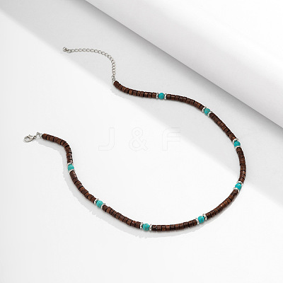 Round Synthetic Turquoise & Wood Heishi Beaded Necklaces for Men FS-WG6A9BE-01-1