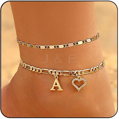Brass Crystal Rhinestone Letter Heart Charm Double Layer Anklets for Women FS-WG41372-01-1
