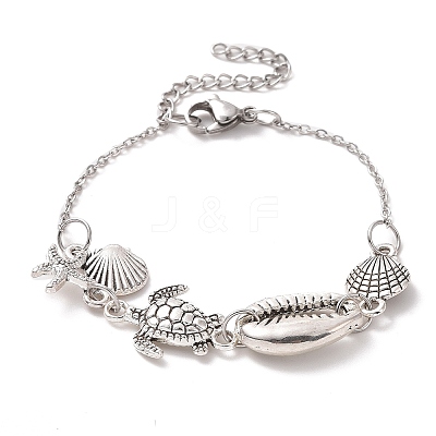 Shell & Starfish & Turtle Alloy Charm Bracelet for Women BJEW-JB09354-1