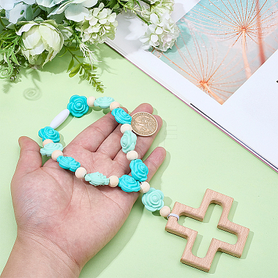 Wood & Silicone Rose Beads Hanging Ornametns HJEW-BM00073-1