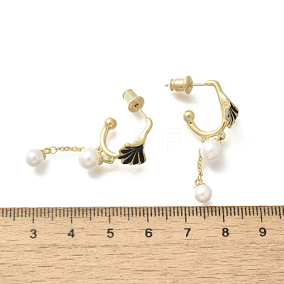 Ginkgo Leaf Brass Enamel & Plastic Imitation Pearl Dangle Stud Earrings EJEW-A121-01G-1