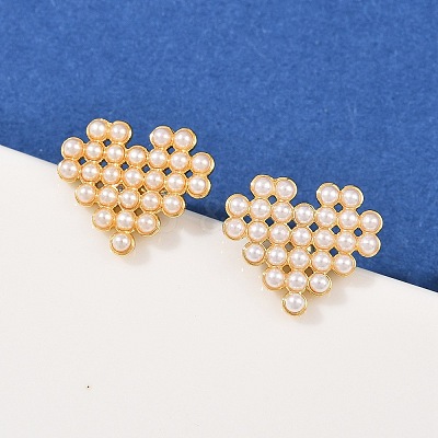 Brass ABS Plastic Pearl Heart Stud Earrings EJEW-L275-14G-03-1