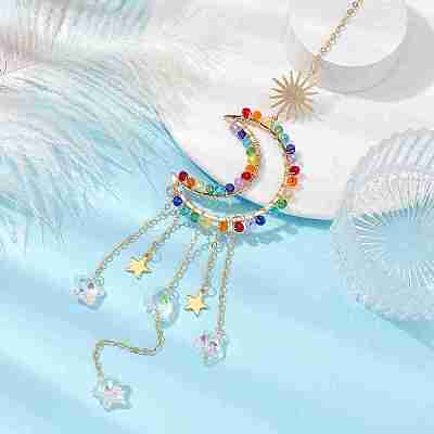 Glass Beads Wrapped Brass Moon Pendant Decooration HJEW-JM01607-1